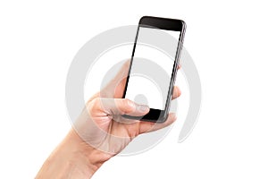 Mockup of male hand holding black cell phone