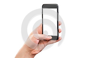 Mockup of male hand holding black cell phone