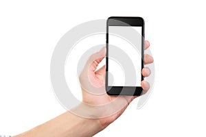 Mockup of male hand holding black cell phone