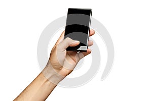 Mockup of male hand holding black frameless cell phone