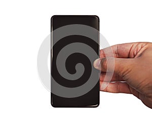 Mockup of male hand holding black frameless cell phone with blank screen isolated at white background