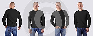 Mockup male textile sweatshirt on a sporty man in blue jeans, front and back view, blank apparel with long sleeves, for design