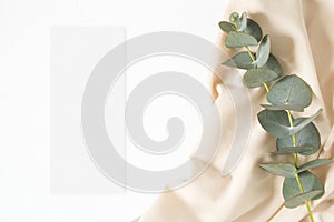 Mockup menu card with eucalyptus leaf and nude fabric