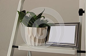 The mockup of the metallic photo frame and flower pot stand on the shelf