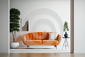 Mockup Mid Century Living Room Orange Sofa Interior, White Emty Wall - Generative AI