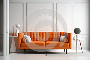 Mockup Mid Century Living Room Orange Sofa Interior, White Emty Wall - Generative AI