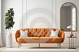 Mockup Mid Century Living Room Orange Sofa Interior, White Emty Wall - Generative AI