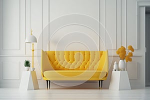 Mockup Mid Century Living Room Yellow Sofa Interior, White Emty Wall - Generative AI