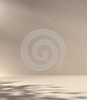 Mockup Minimal Abstract Concrete Wall Background, Beige Color Sunshade Tree Shadow, 3d Render