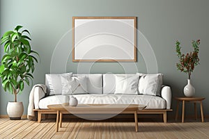 Mockup a minimalist interior design room featuring a horizontal 3:2 empty picture frame. Clean and uncluttered space