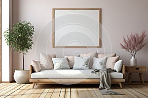 Mockup a minimalist interior design room featuring a horizontal 3:2 empty picture frame. Clean and uncluttered space