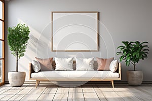 Mockup a minimalist interior design room featuring a horizontal 3:2 empty picture frame. Clean and uncluttered space