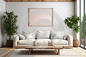 Mockup a minimalist interior design room featuring a horizontal 3:2 empty picture frame. Clean and uncluttered space