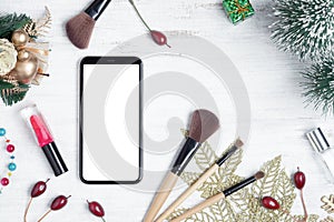 Mockup mobile phone beauty Christmas New Year concept. Mock up blank empty space smartphone with makeup cosmetic and Christmas
