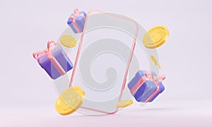 A mockup of a mobile phone with gifts and flying coins. 3d rendering