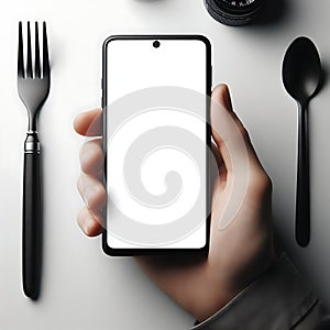 Mockup of a mobile phone in the hand of a man sitting at a table. Blank white screen. There is a fork and spoon on the