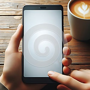 Mockup of a mobile phone in the hand of a man sitting at a wooden table. Blank white screen. There is a cup of coffee on