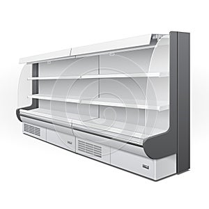 Mockup, Mock Up Cooled Regal Rack Refrigerator Wall Cabinet Empty Showcase Displays. Retail Shelves. 3D. Isolated