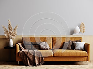 Mockup modern interior with sofa in stylish living room, wood wall and pampas grass, empty light wall, 3D render