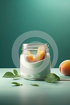 A mockup of natural yogurt with fresh apricot in glass jar. Healthy food, healthy lifestyle, the concept of a sports