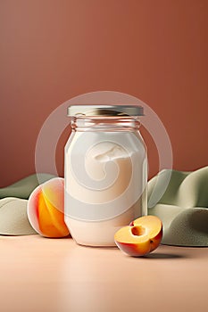 A mockup of natural yogurt with fresh apricot in glass jar. Healthy food, healthy lifestyle, the concept of a sports