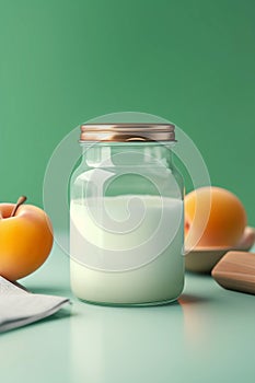 A mockup of natural yogurt with fresh apricot in glass jar. Healthy food, healthy lifestyle, the concept of a sports