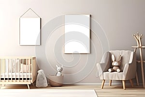 Mockup Nursery Wall Art, Bedroom and baby cot Simple style, cream color.