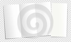 Mockup of an open and closed three-page booklet, notebook, brochure, magazine, book. Transparent background.
