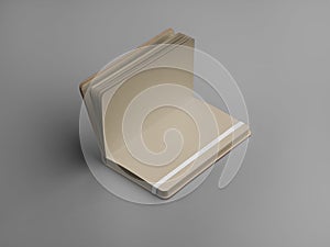Mockup of open craft notebook with white band, holds pages, notepad with hard cover, for sketch, notes, print