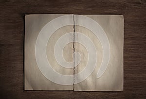 Mockup of opened blank old vintage book on wood background