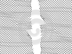 mockup. Opening in metallic net fence. isolated on white background. mock-up. Challenge. uncertainty. breakthrough concept.