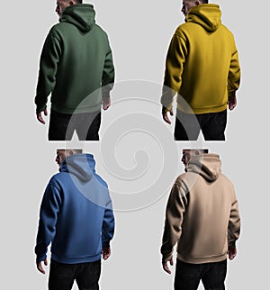 Mockup of an oversized hoodie on a man with a large hood, colorful clothing, back view, isolated on a background with shadows