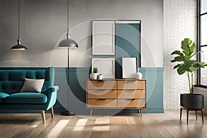 Mockup painting frames above retro chest of wooden drawers, 3d render