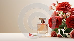 Mockup Perfume bottle with flower minimalism texture photography, Showcase Product, AI Generative