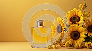 Mockup Perfume bottle with flower minimalism texture photography, Showcase Product, AI Generative