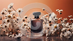 Mockup Perfume bottle with flower minimalism texture photography, Showcase Product, AI Generative