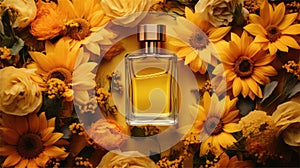 Mockup Perfume bottle with flower minimalism texture photography, Showcase Product, AI Generative