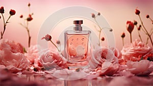 Mockup Perfume bottle with flower minimalism texture photography, Showcase Product, AI Generative