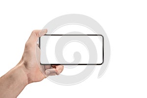 Mockup phone horizontal. close up hand hold phone isolated on white, mock-up cell smartphone white blank screen. Isolated human