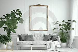 Mockup Photo Frame Boho Living Room Interior, The White Couch Near Empty White Wall - Generative AI