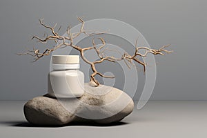 Mockup ,photo of a glass jar for cosmetics on a gray background with a podium made of natural stones