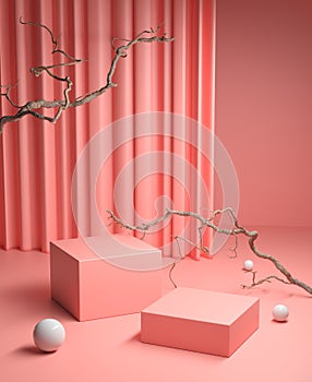 Mockup Pink Podium With Dry Twigs And Clean Curtain Background 3d Render