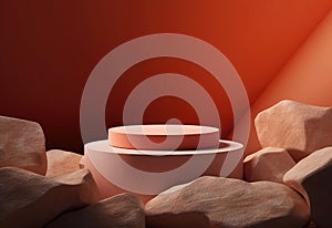 Mockup of a pink podium on a red background for the presentation of products, a platform with decorative texture stones with