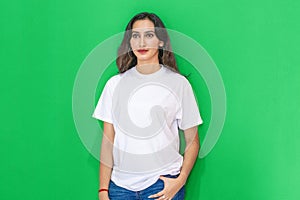 Mockup of a plain white blank shirt with a woman posing