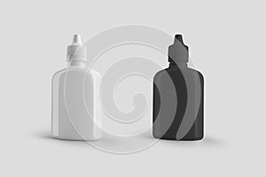 Mockup of a plastic white, black bottle with a screw cap, a jar with a pipette, isolated on background