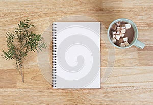 Mockup postcard for to do list and hot chocolate with marshmallow on wooden background. winter Christmas and Happy new year