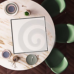 Mockup poster on a dining table made of marble. View from above. 3d