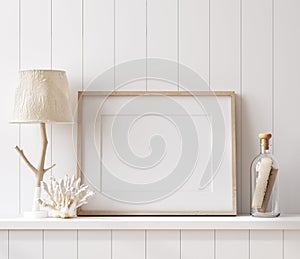 Mockup poster frame close up in coastal style home interior