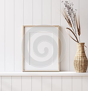 Mockup poster frame close up in coastal style home interior photo