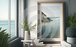 Mockup poster frame close up in coastal style home interior, 3d render